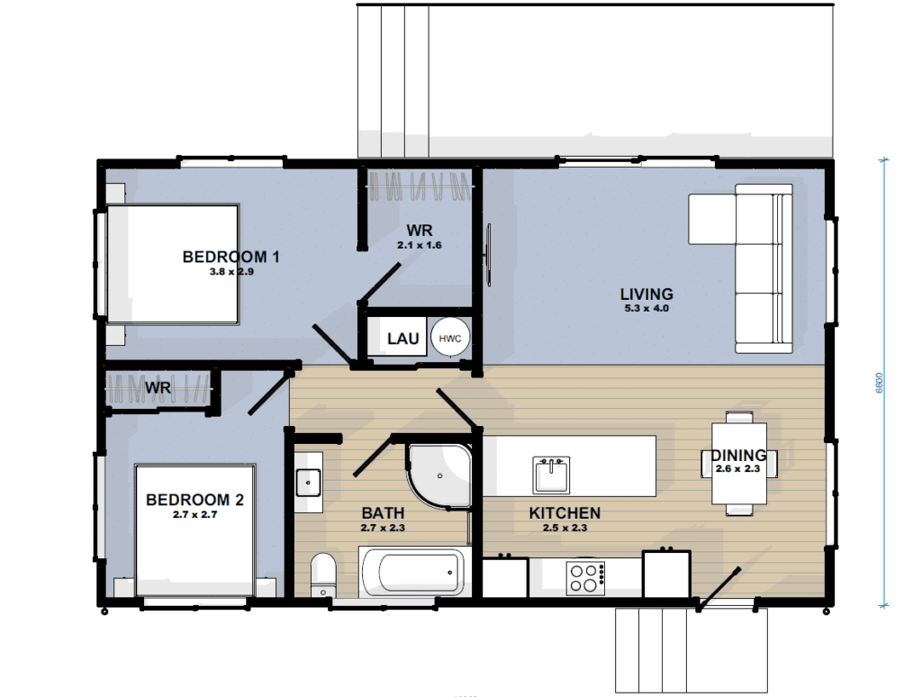 Transportable Home Plan - Floor Plan for 2 bedroom, 1 bathroom home